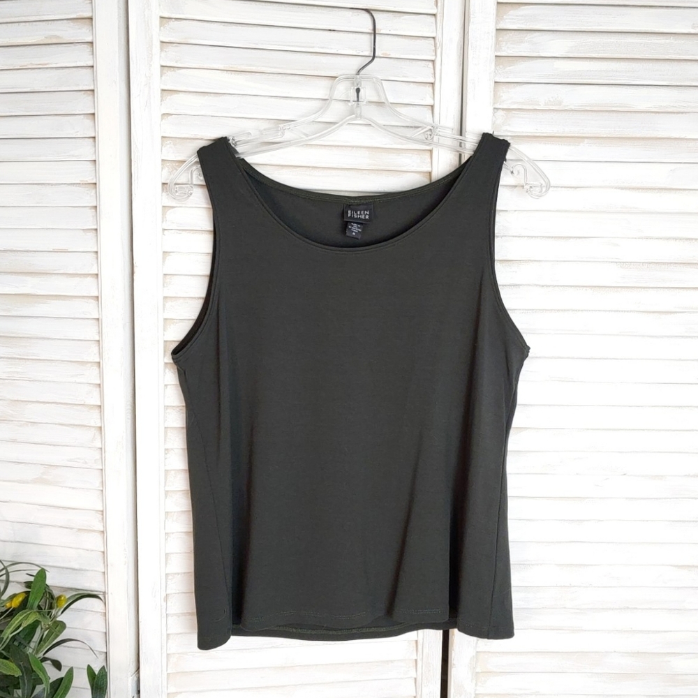 EILEEN FISHER WMN M DARK OLIVE RAYON MIX SHELL - Picture 2 of 3